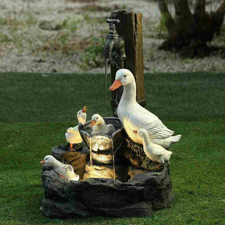 Garden Fountain - Quackley Duck Family Decorative Outdoor Water Feature for Tranquil Gardens, Lightweight Resin Design