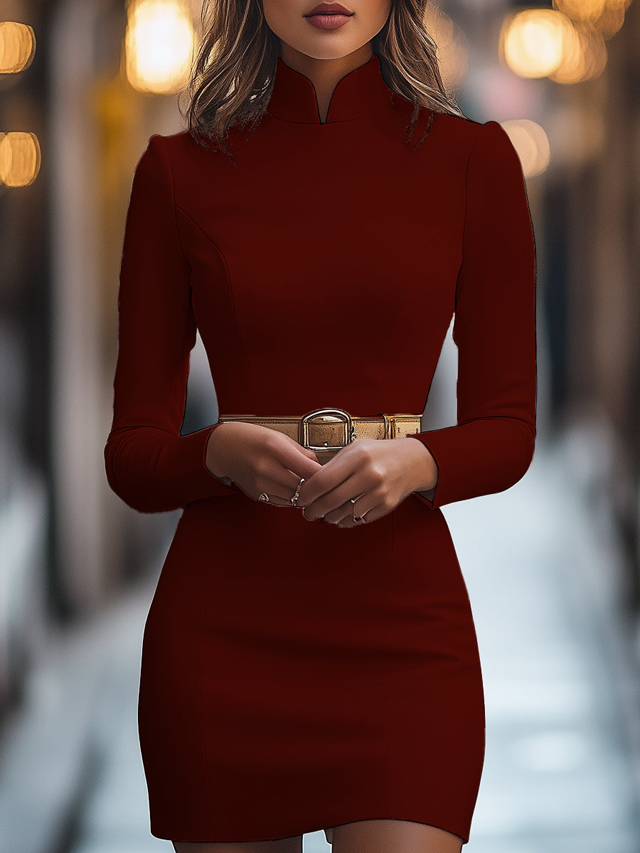Samantha | Elegant Mandarin Collar Dress with Belt Design
