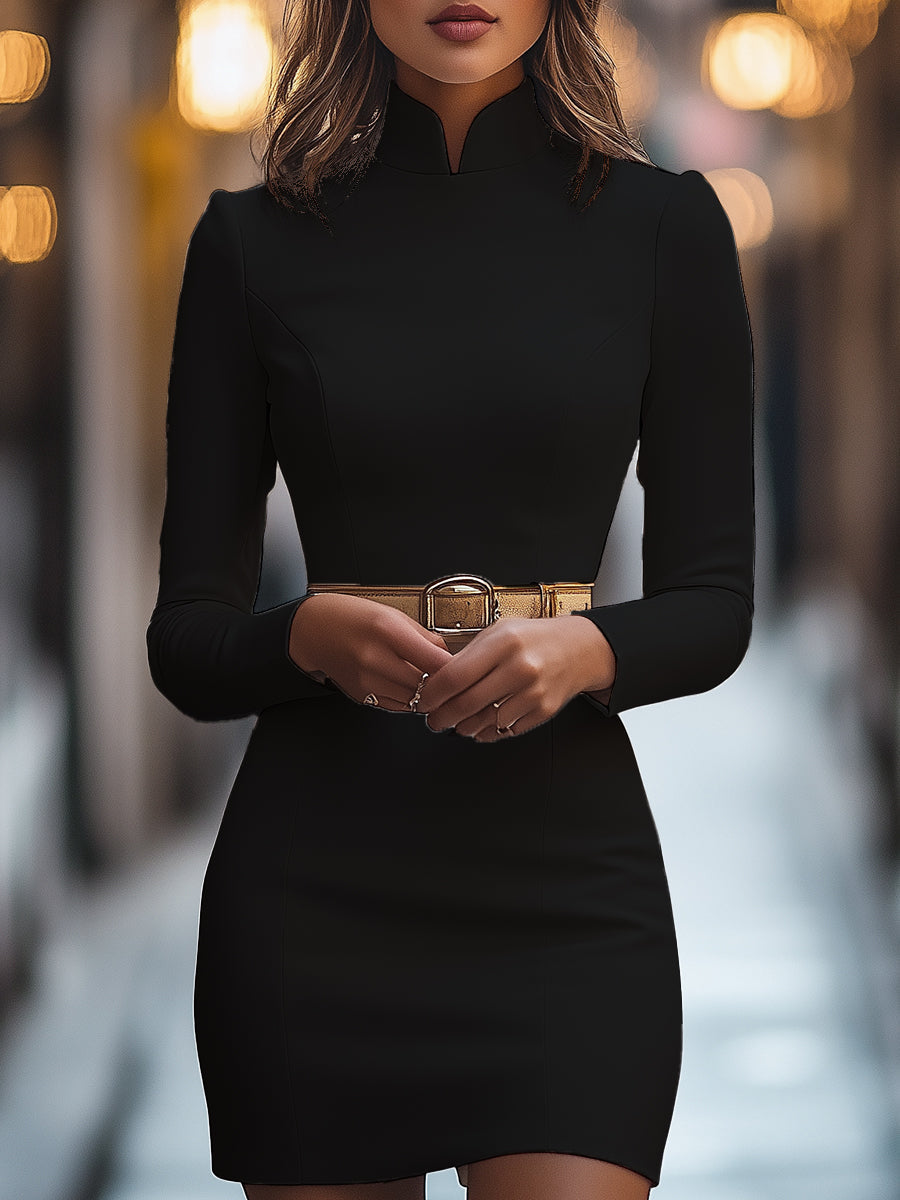 Samantha | Elegant Mandarin Collar Dress with Belt Design