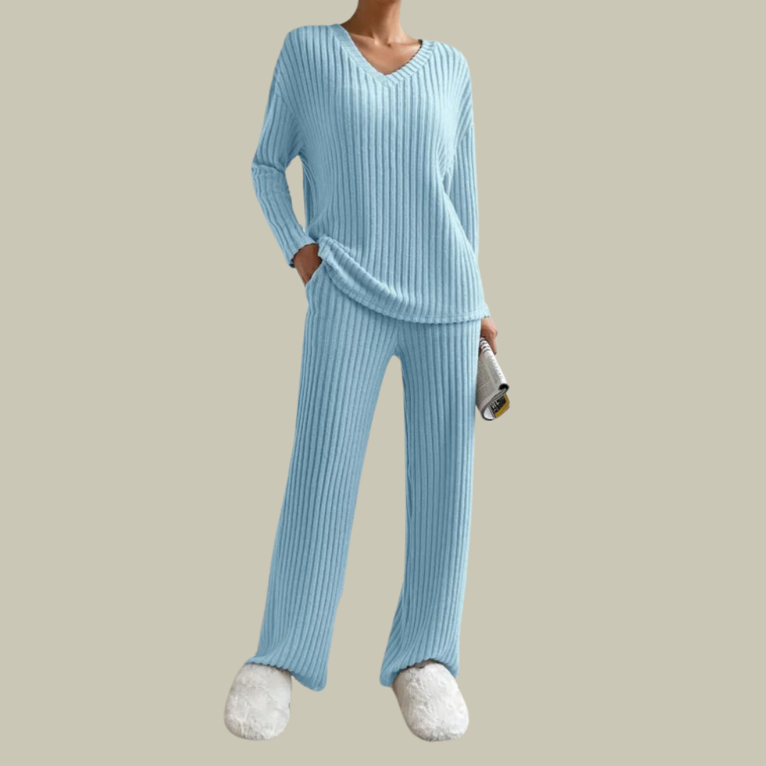 Marlitha | Women's Wool V-Neck Top and Straight Pants Set