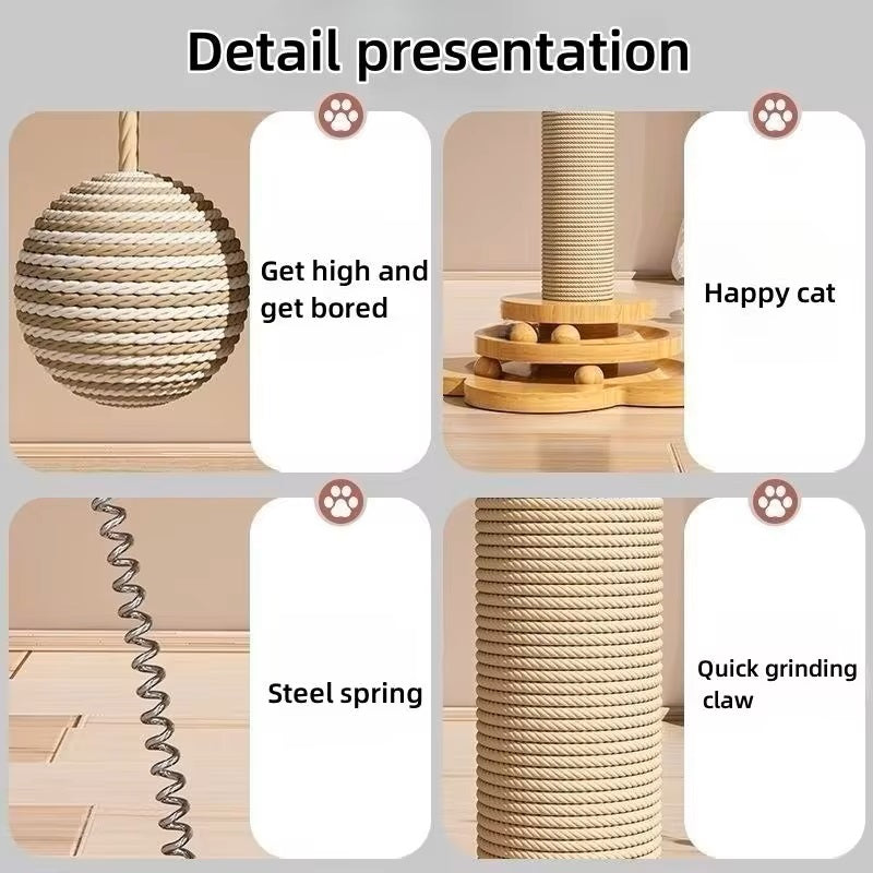 Natural Wood Cat Scratching Post with Interactive Toy Features