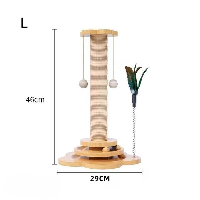 Natural Wood Cat Scratching Post with Interactive Toy Features