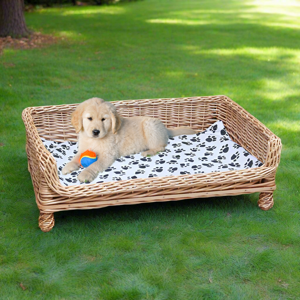 Handcrafted Wicker Outdoor Indoor Pet Bed with Fur-Print Cushion