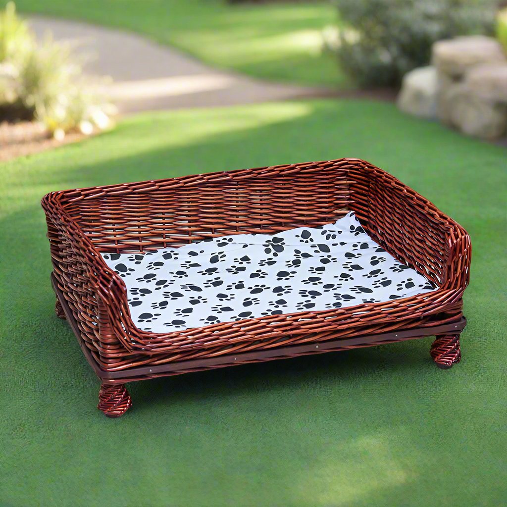 Handcrafted Wicker Outdoor Indoor Pet Bed with Fur-Print Cushion