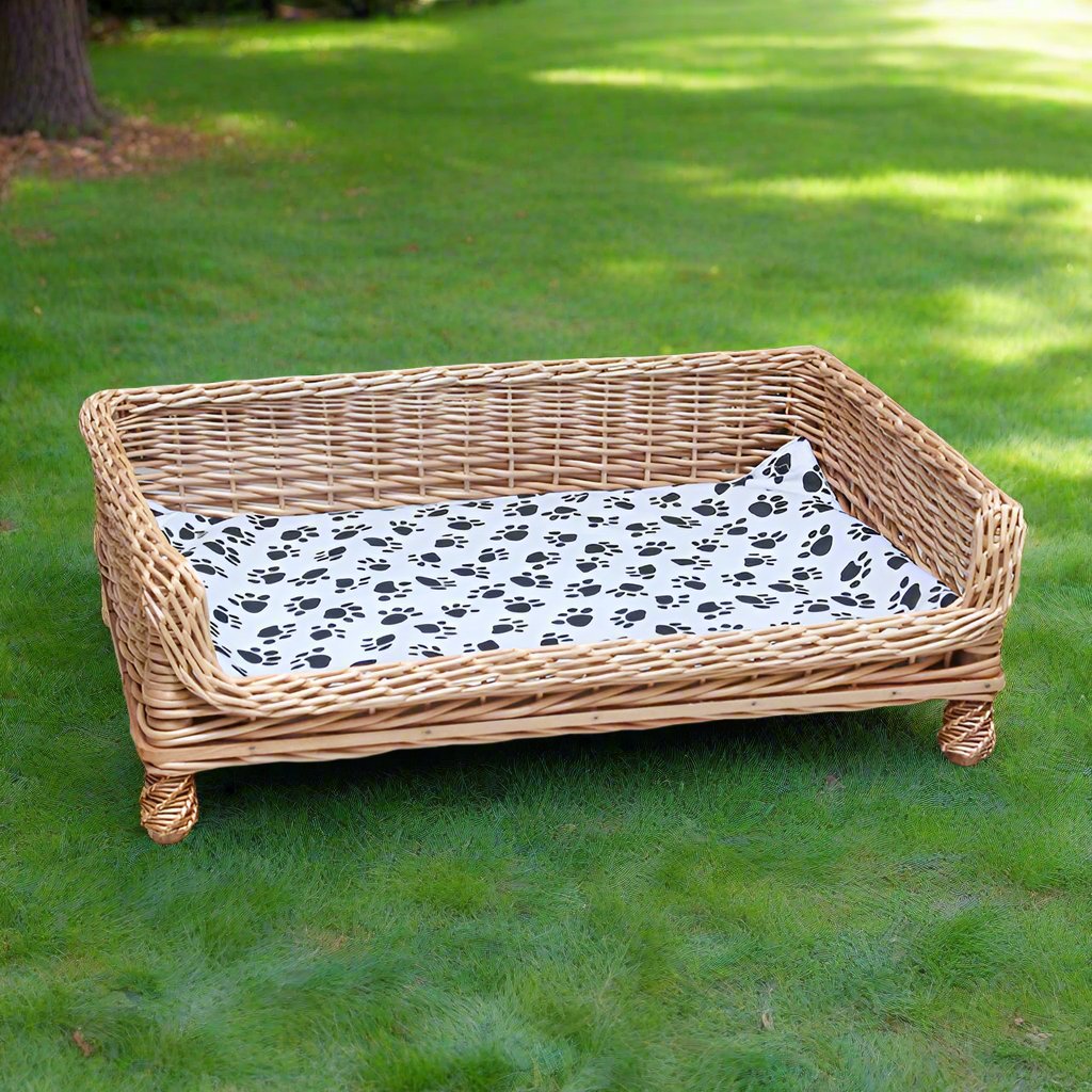 Handcrafted Wicker Outdoor Indoor Pet Bed with Fur-Print Cushion