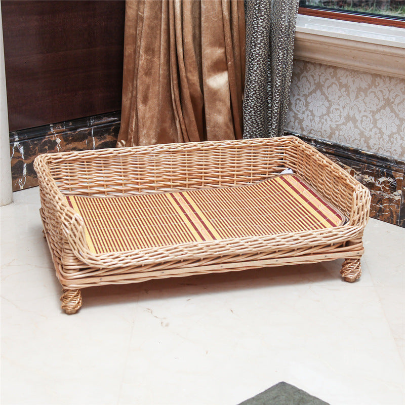 Handcrafted Wicker Outdoor Indoor Pet Bed with Fur-Print Cushion