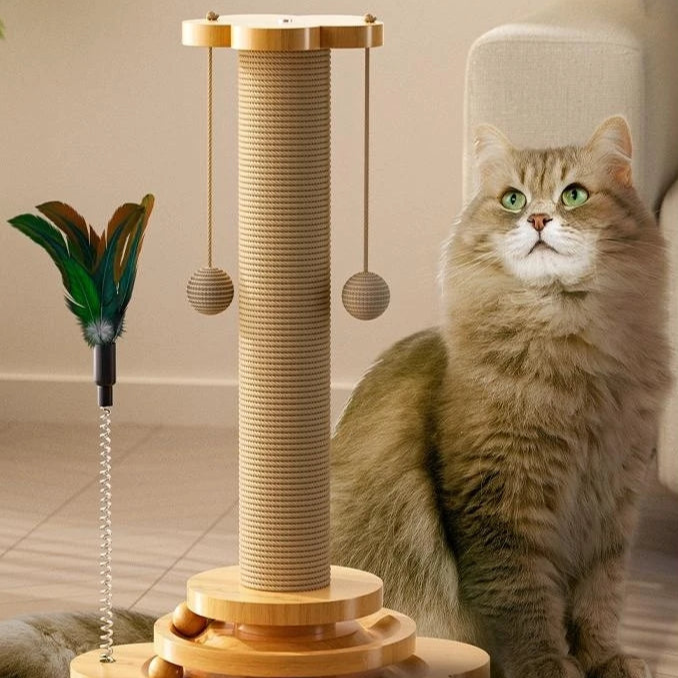 Natural Wood Cat Scratching Post with Interactive Toy Features