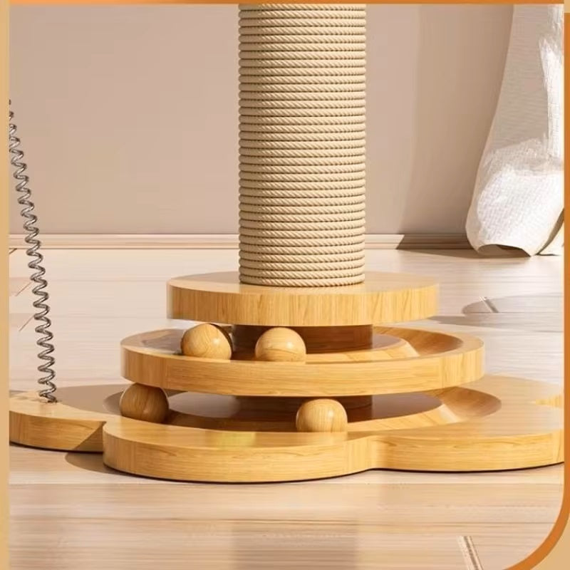 Natural Wood Cat Scratching Post with Interactive Toy Features