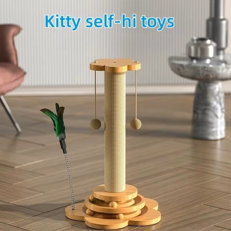 Natural Wood Cat Scratching Post with Interactive Toy Features